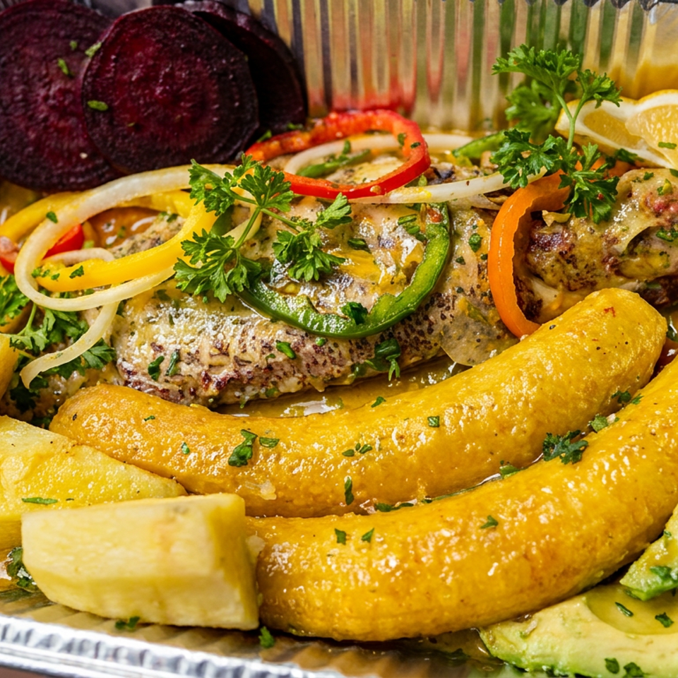 Grilled fish with roasted plantains, avocado, beets, peppers, onions, parsley, and lemon in a foil takeaway tray.