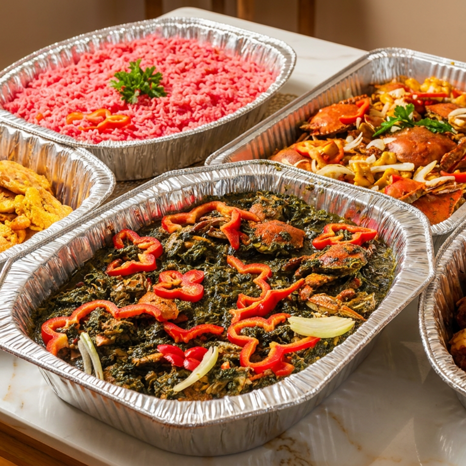 Five aluminum trays display assorted catered dishes, including pink rice, fried bites, leafy greens, seafood, and seasoned meats.