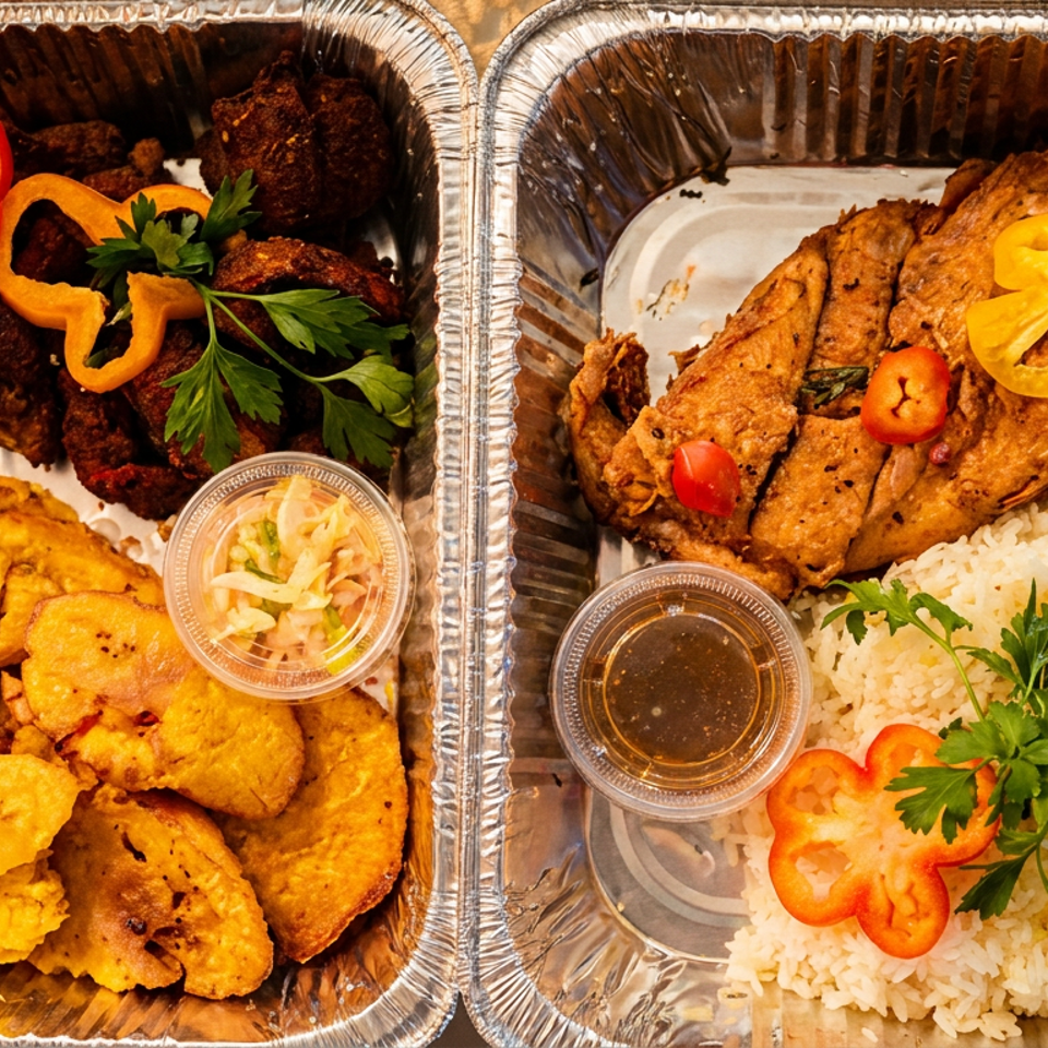 Two foil takeout trays display fried chicken, plantains, rice, peppers, parsley, and dipping sauces.